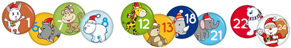 Buttons Adventskalender 1-24 Mützentierchen