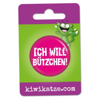 Ansteckbutton Ich will Bützchen! / pink an Eurolochkarte