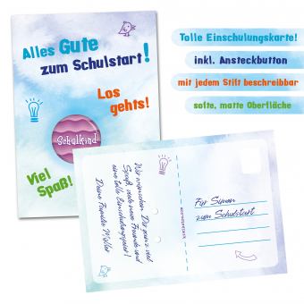 Postkarte Schulstart lila Wellen mit Rückseite