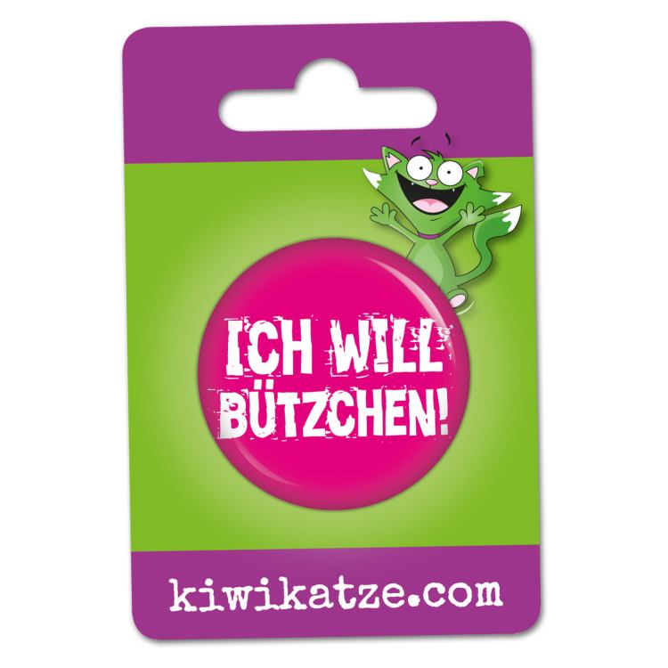 Ansteckbutton Ich will Bützchen! / pink an Eurolochkarte