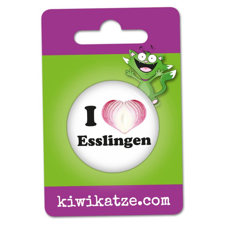 Ansteckbutton I love Esslingen an Eurolochkarte Zwiebelherz