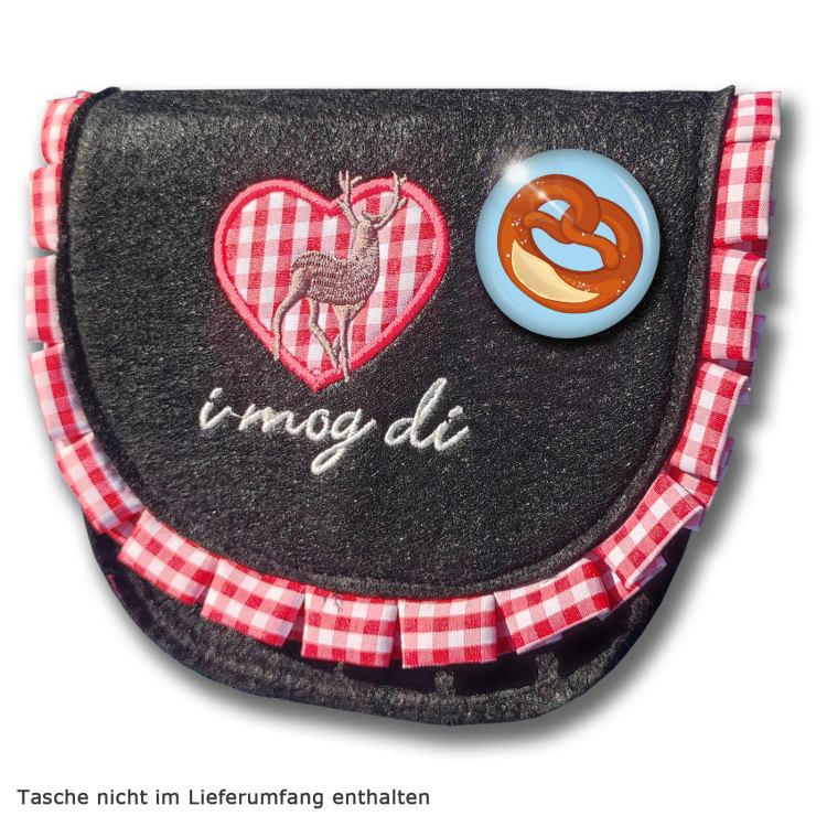 Ansteckbutton Brezel auf Tasche