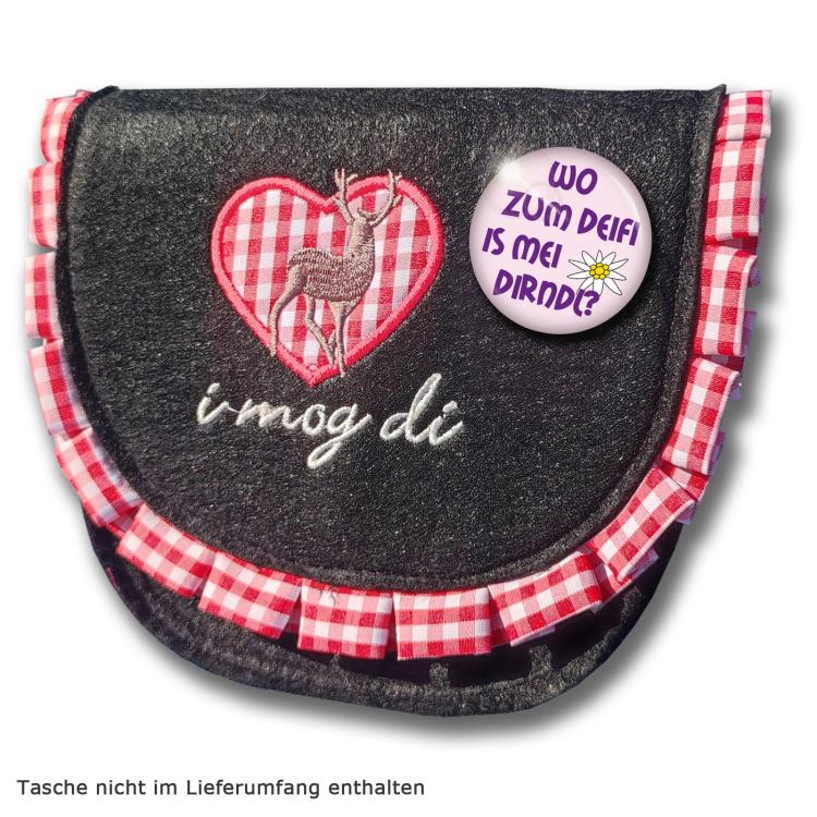 Ansteckbutton Wo zum Deifi is mei Dirndl? auf Tasche