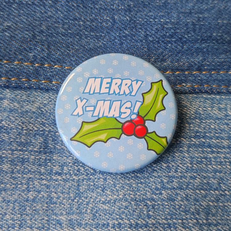 Ansteckbutton Merry X-Mas / Schneeflocken auf Jeans